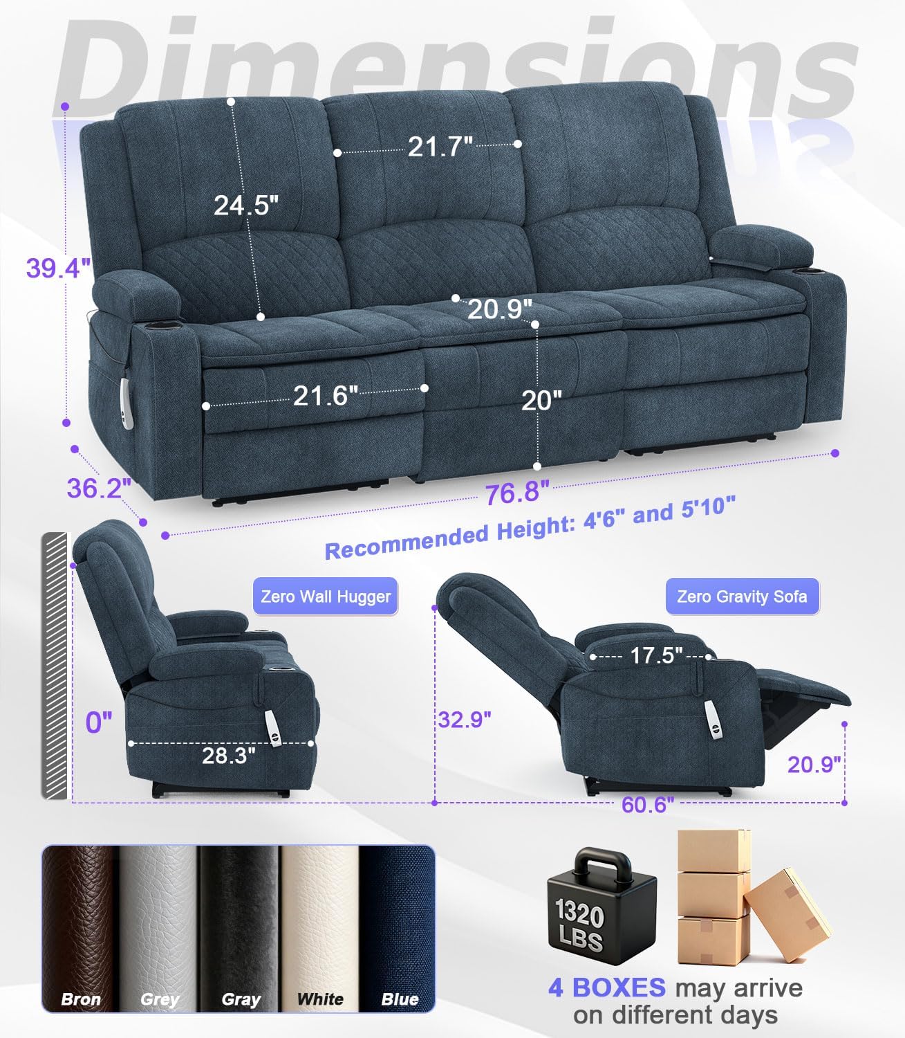 Power Loveseat Recliner Sofa, Removable Armrest 3 Seats Power Reclining Loveseat with Remote Liftable Console, Wall Hugger RV Theater Seating with Storage & USB & RGB (Fabric, Blue)