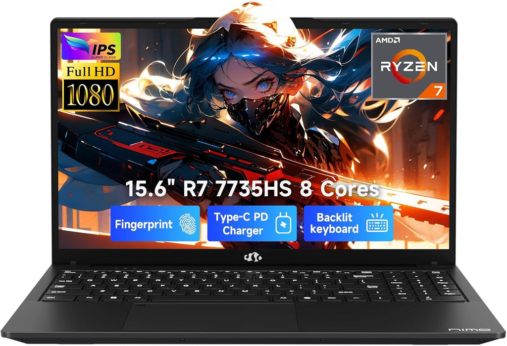 NIMO 15.6' IPS FHD-Gaming-Laptop, AMD 8 Cores Ryzen 7 7735HS 16GB DDR5 RAM 512GB SSD (Beats i7-12650H) Computer with Radeon 680M 100W Type-C Charger Backlit Keyboard Fingerprint, for Gaming Business