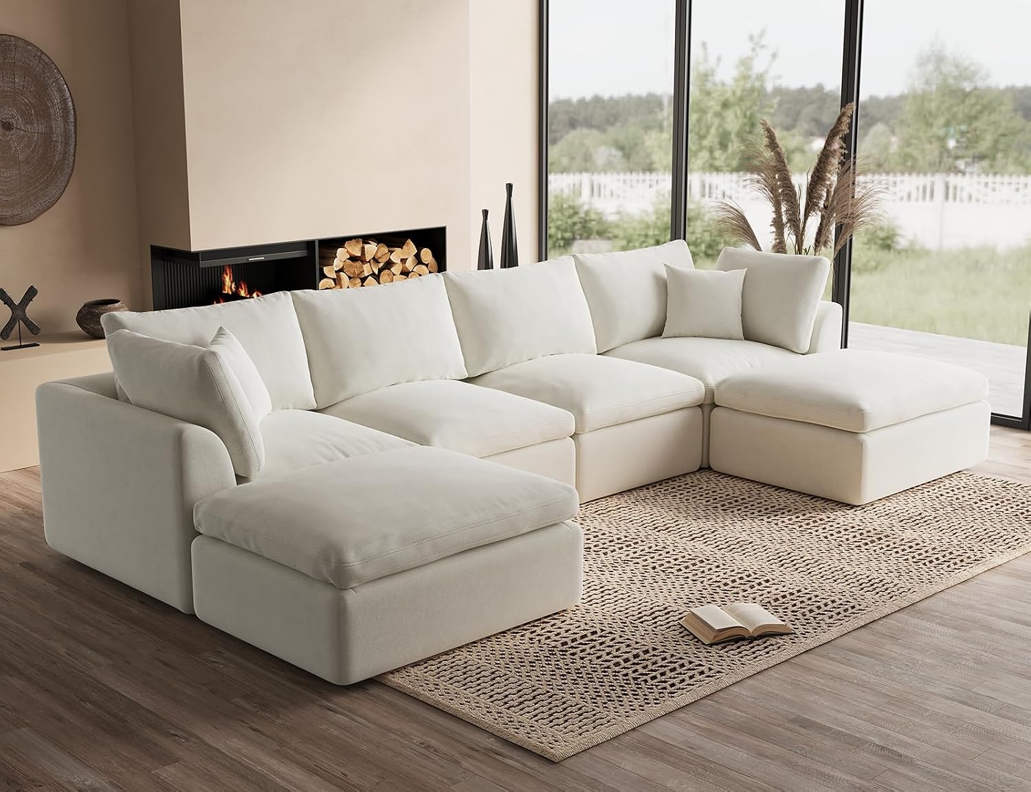 ohllob Oversized Cloud Sectional Couches for Living Room, Boneless U Shaped Couch with Ottoman, 4 Seater Modular Sectional Sofa, Warm White