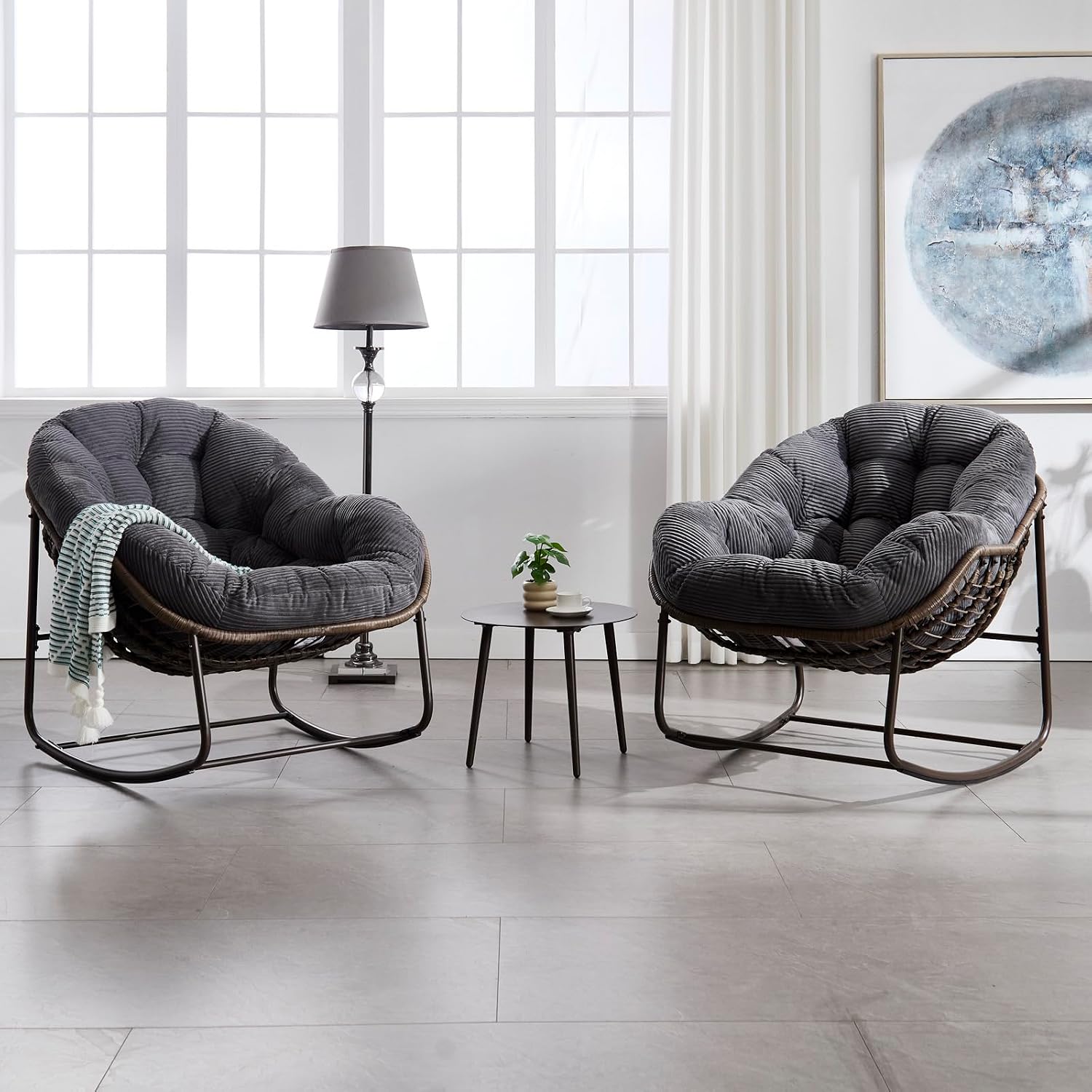 Outside Rattan Rocking Chair with Wicker Cushion, Oversized Lounge Papasan Chair, Outdoor Camping Chairs Patio Furniture for Garden, Balcony, Front Porch & Living Room, Grey2