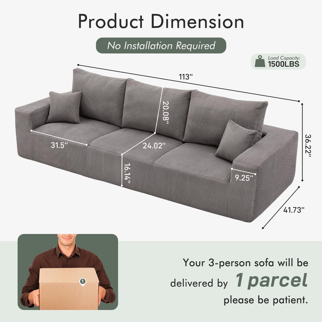 Gericco 113' Modular Sectional Couch, Cloud Boneless Sofa with Deep Seats, Upholstered Corduroy Sleeper Sofa Bed with 3-Seater for Living Room, No Assembly Required, Grey