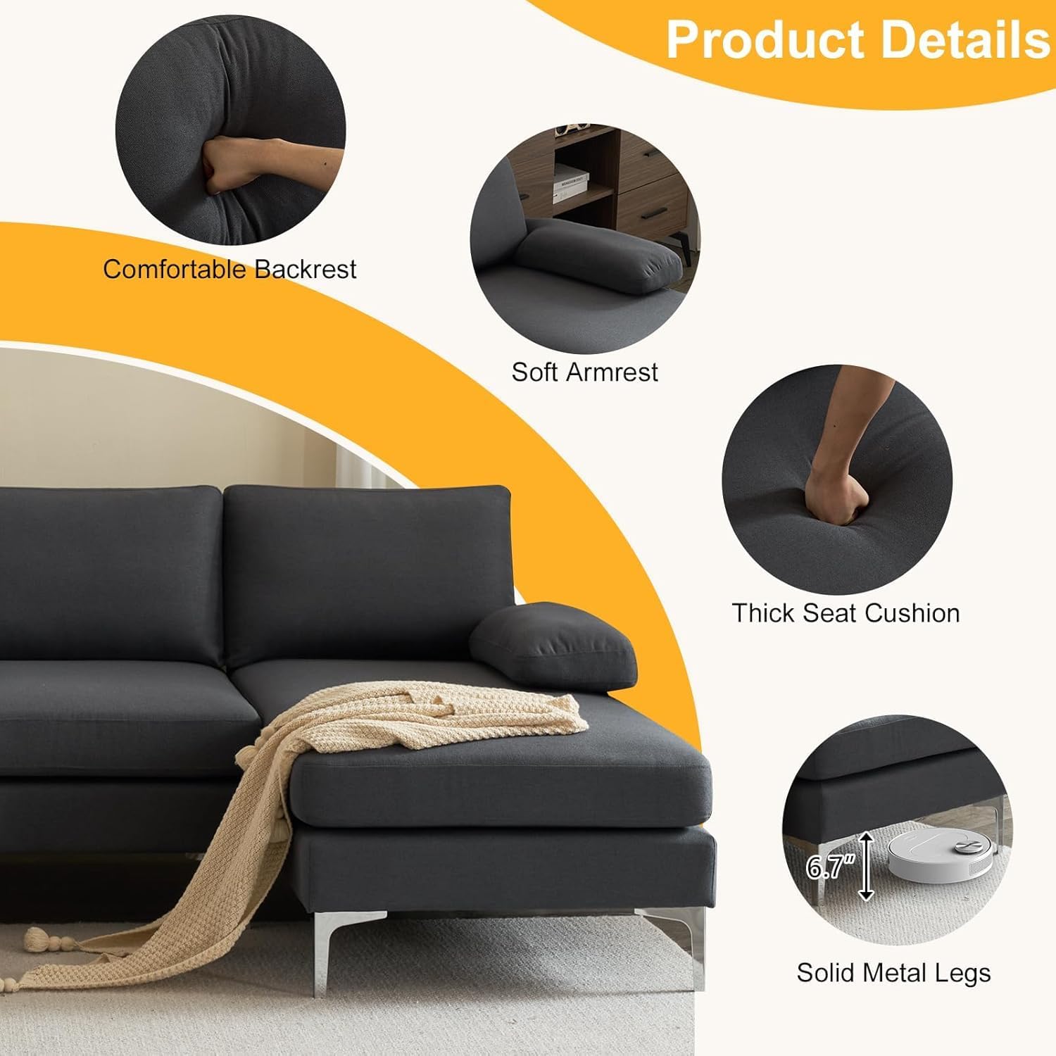 Karl home 110' Sectional Sofa U-Shaped 4-Seat Couch with Chaises Linen Fabric Upholstered for Living Room, Apartment, Office, Dark Gray