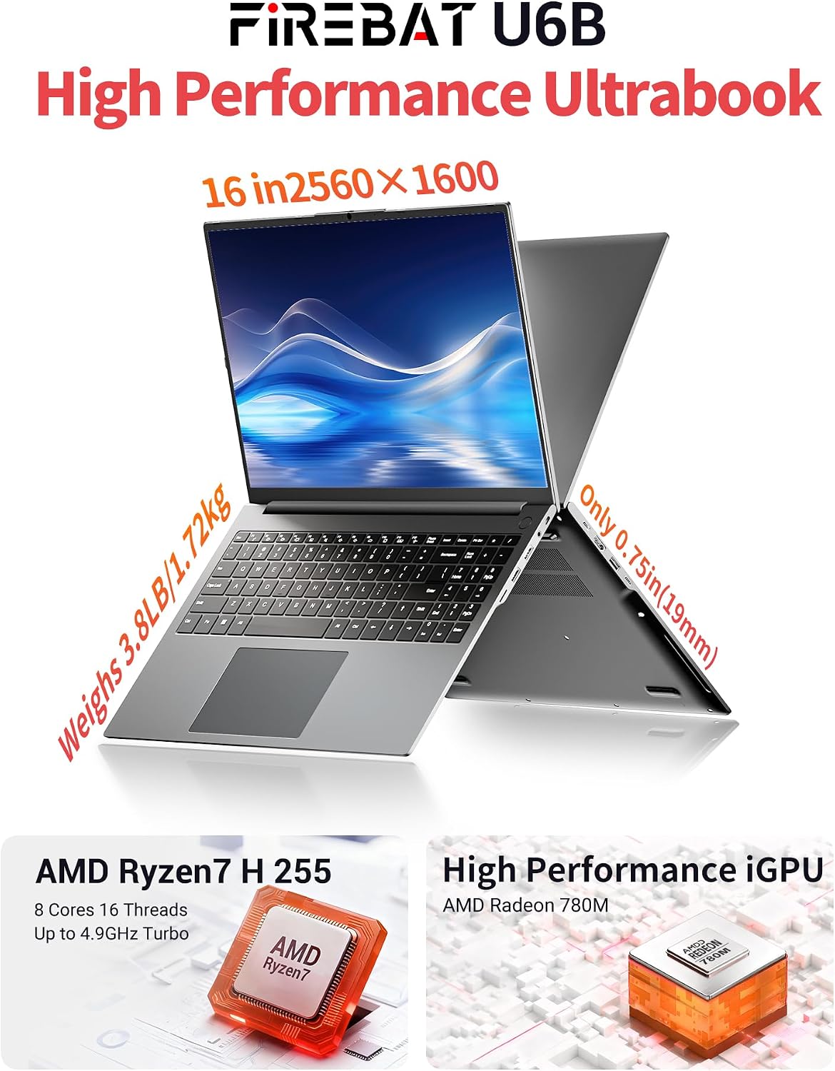 Laptop Computer Ultrabook, 16in Quad HD, 4.9GHz AMD Ryzen H 255, Radeon 780M Graphics, DDR5 5600MHz RAM, M.2 PCIe SSD, TF Card Slot, Portable Gaming/School/Business Notebook Computer【U6B】