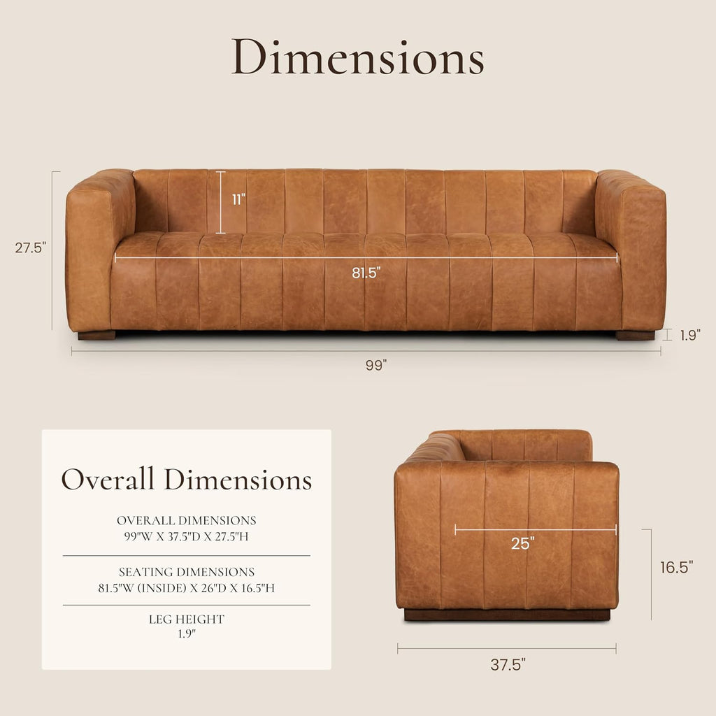 Poly & BARK Canale 99' Sofa – Modern 3-Seater Couch for Living Rooms – Performance Fabric Upholstery, High-Density Foam Cushions, Tapered Legs, Minimal Assembly – Cognac Tan