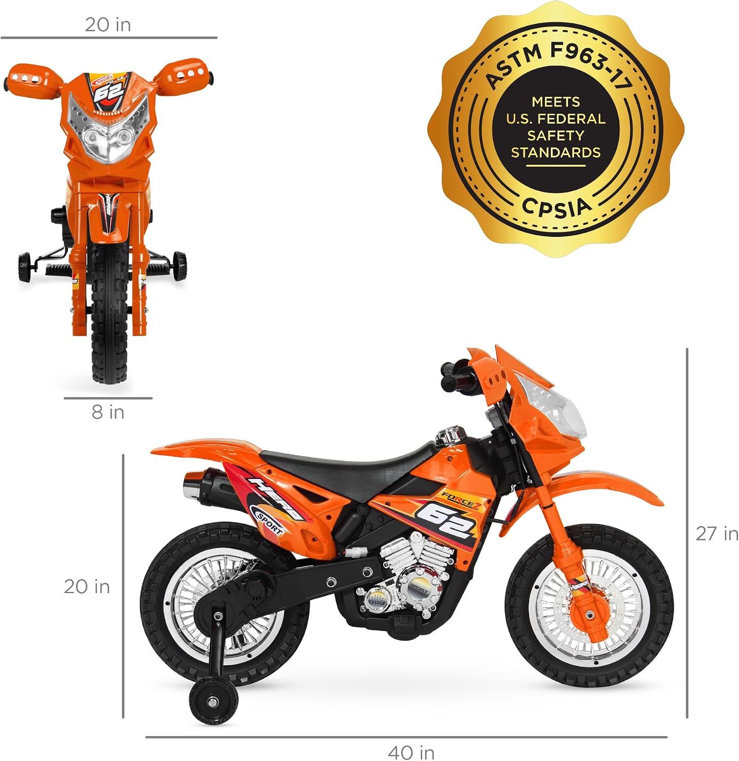 Best Choice Products Kids 6V Ride On Motorcycle w/Treaded Tires, Working Headlights, 2mph Top Speed, Training Wheels, Realistic Sounds, Music, Battery Charger - Orange