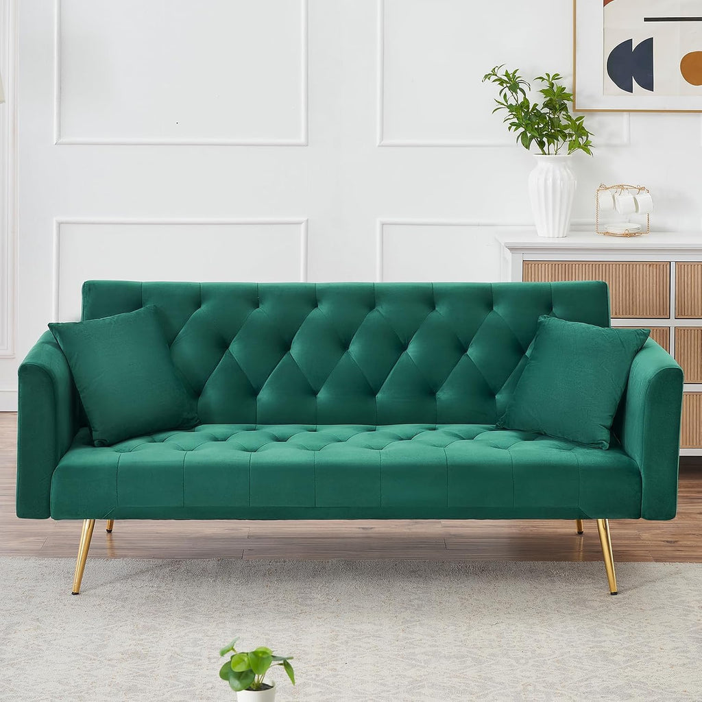 71' Modern Velvet Sofa Bed Futon, Convertible Sleeper Couch with Adjustable Backrest, Tufted Recliner Loveseat with Golden Chrome Legs & 2 Pillows for Small Spaces, Living Room, Apartment (Green)