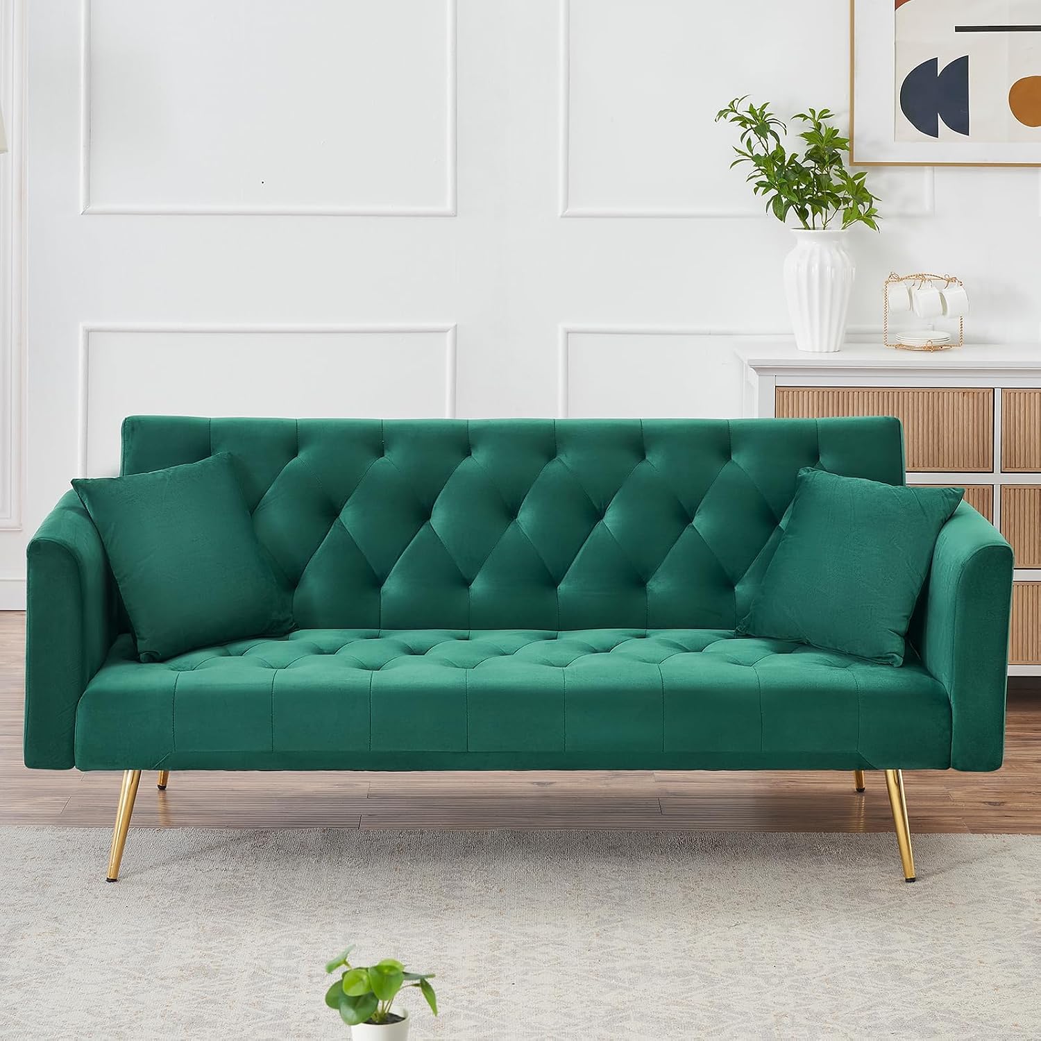 71' Modern Velvet Sofa Bed Futon, Convertible Sleeper Couch with Adjustable Backrest, Tufted Recliner Loveseat with Golden Chrome Legs & 2 Pillows for Small Spaces, Living Room, Apartment (Green)