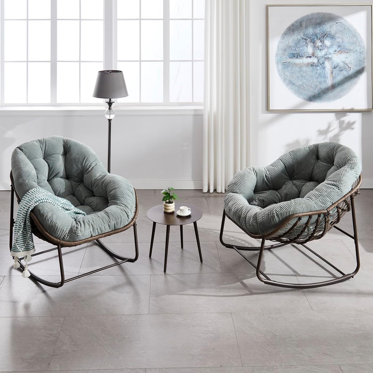 Outside Rattan Rocking Chair with Wicker Cushion, Oversized Lounge Papasan Chair, Outdoor Camping Chairs Patio Furniture for Garden, Balcony, Front Porch & Living Room, Olive2