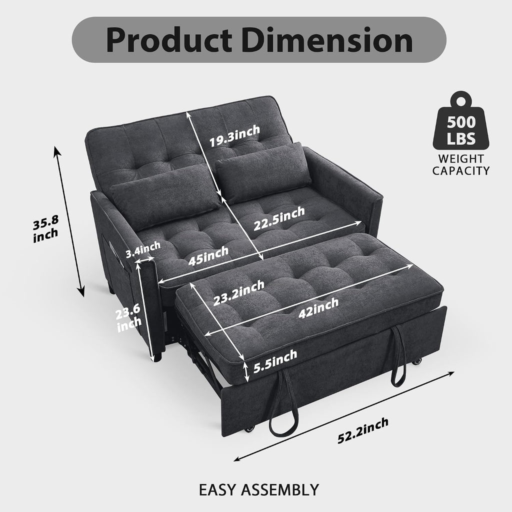 Convertible Sofa Bed, 3 in 1 Pull Out Couch, Loveseat Sleeper with Side Pocket, Living Room Sofa with Adjustable Backrest | USB Charging Port | Two Pillows | Fabric | Slate Gray