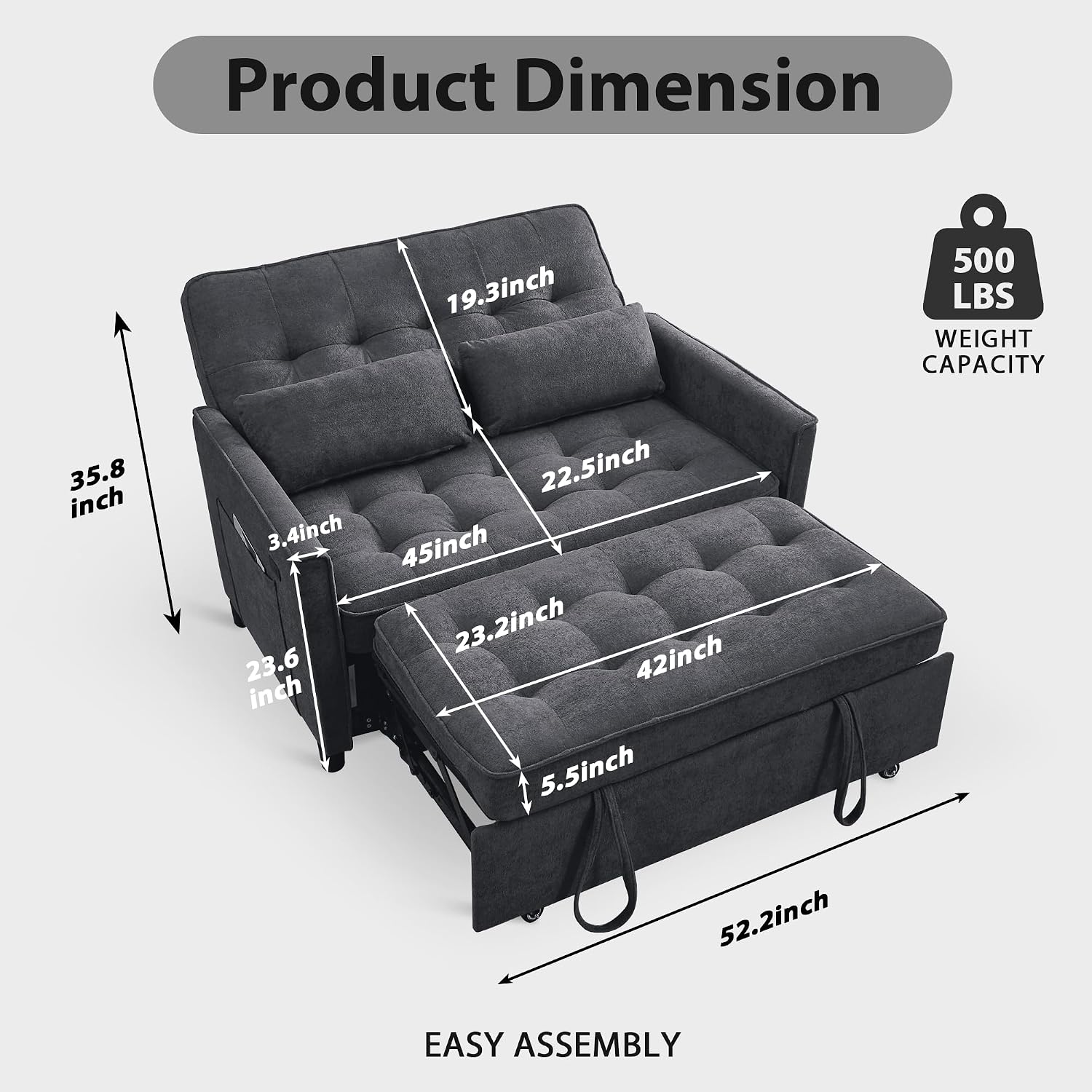 Convertible Sofa Bed, 3 in 1 Pull Out Couch, Loveseat Sleeper with Side Pocket, Living Room Sofa with Adjustable Backrest | USB Charging Port | Two Pillows | Fabric | Slate Gray