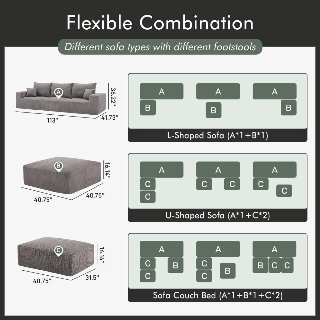 Gericco 113' Modular Sectional Couch, Cloud Boneless Sofa with Deep Seats, Upholstered Corduroy Sleeper Sofa Bed with 3-Seater for Living Room, No Assembly Required, Grey
