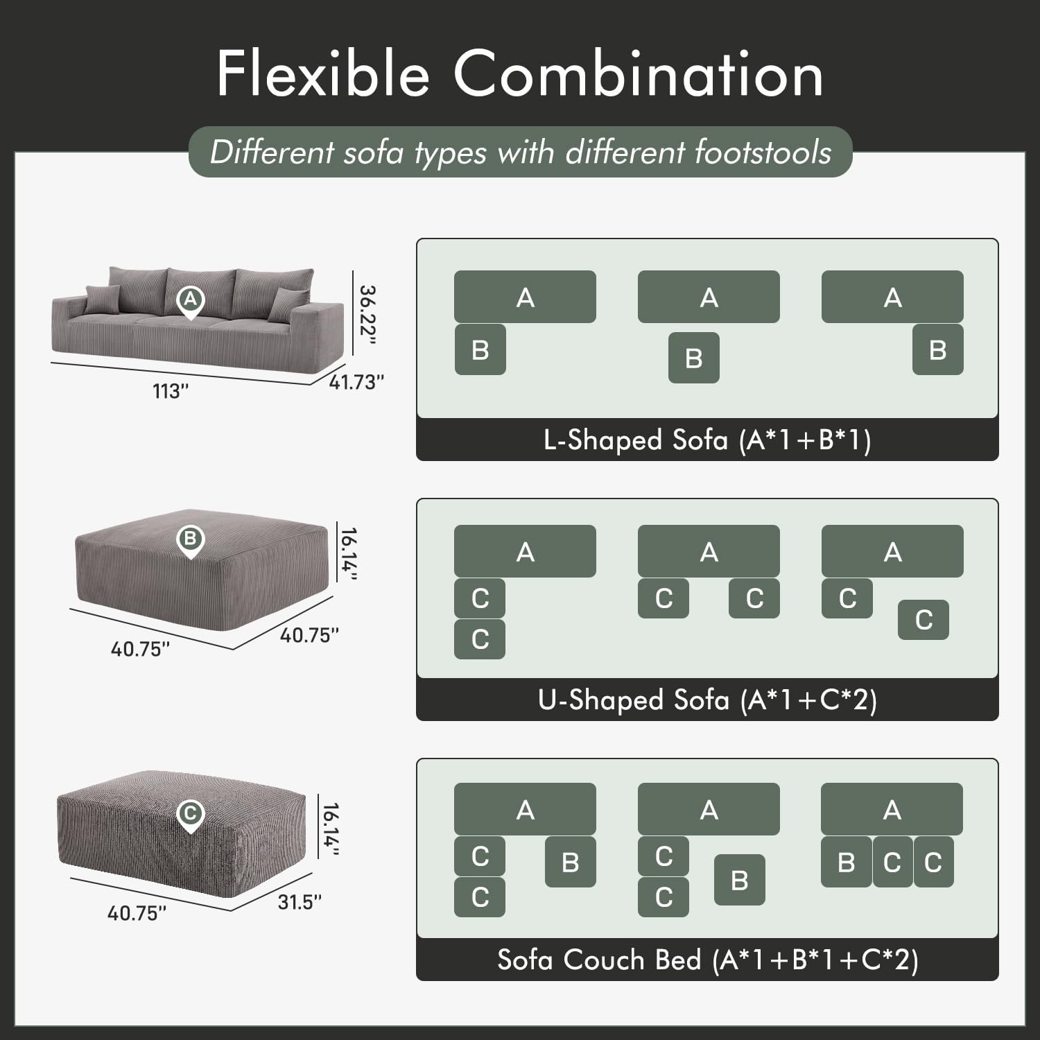 Gericco 113' Modular Sectional Couch, Cloud Boneless Sofa with Deep Seats, Upholstered Corduroy Sofa Bed with Loung Chaise, 3-Seater Couches for Living Room, No Assembly Required, Grey