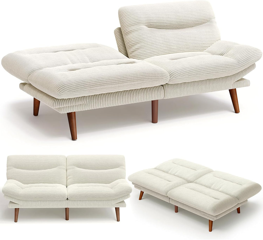 AMADA 66'Convertible Futon Sofa Bed, Corduroy Folding Futon Set with Adjustable Backrest &Armrests, Recliner Lounge for Living Room, Apartment or Office, Solid Wood Frame, Loveseat Sofa - Beige White
