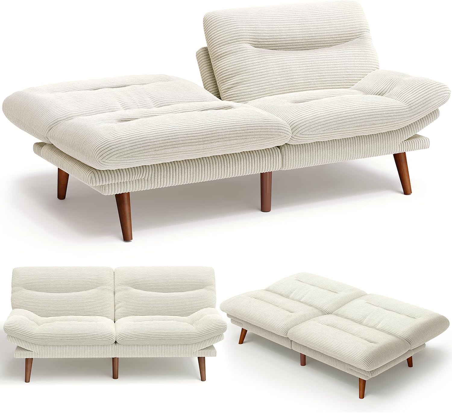 AMADA 66'Convertible Futon Sofa Bed, Corduroy Folding Futon Set with Adjustable Backrest &Armrests, Recliner Lounge for Living Room, Apartment or Office, Solid Wood Frame, Loveseat Sofa - Beige White