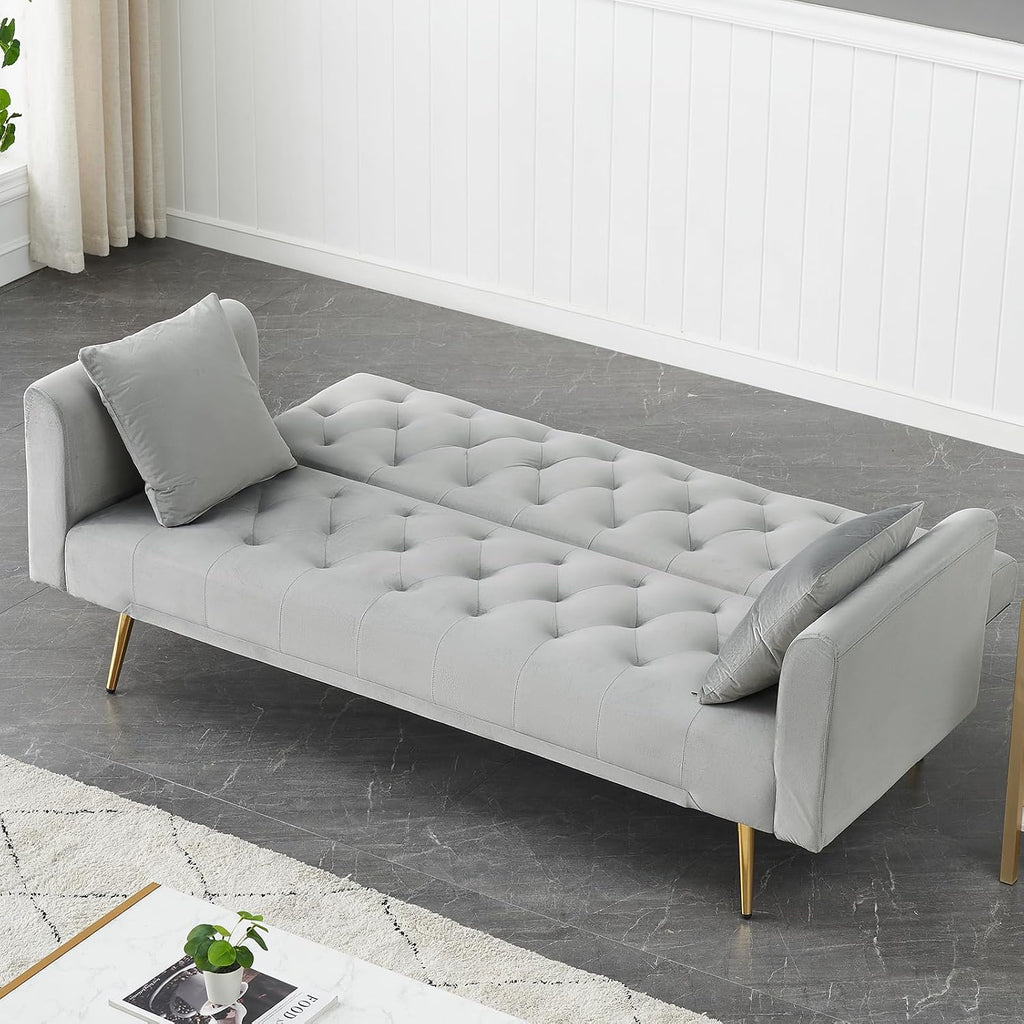 71' Modern Velvet Sofa Bed Futon, Convertible Sleeper Couch with Adjustable Backrest, Tufted Recliner Loveseat with Golden Chrome Legs & 2 Pillows for Small Spaces, Living Room, Apartment (Gray)