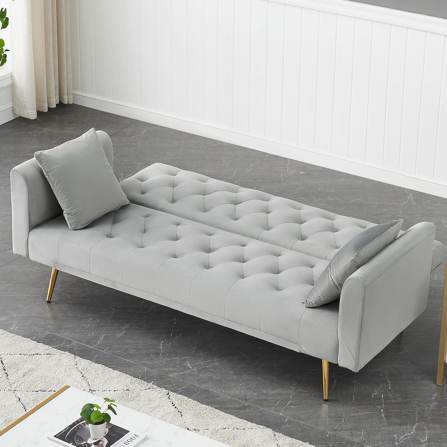 71' Modern Velvet Sofa Bed Futon, Convertible Sleeper Couch with Adjustable Backrest, Tufted Recliner Loveseat with Golden Chrome Legs & 2 Pillows for Small Spaces, Living Room, Apartment (Gray)