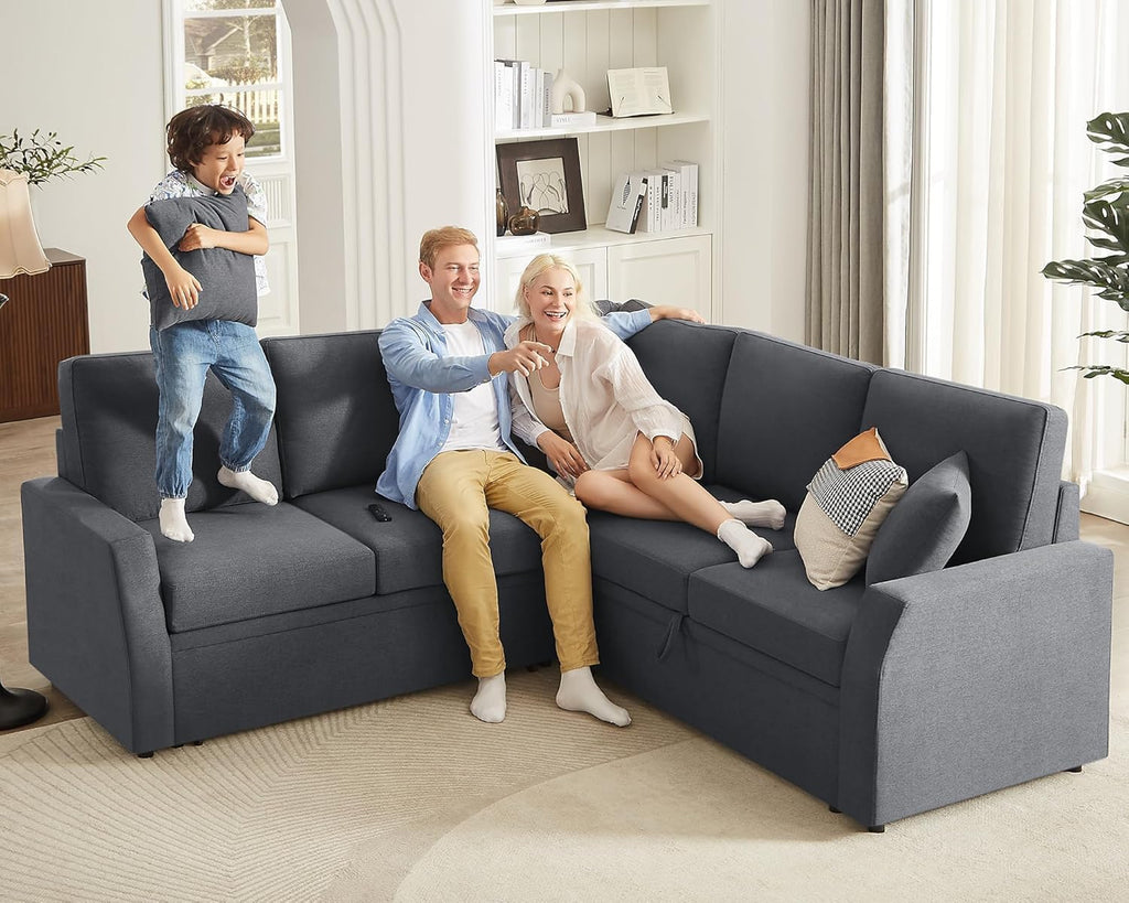 VanAcc Sofa Bed, 85 Inch Sleeper Couch with Storage Seat, L Shaped Sofa with Pull Out Sofa Bed, Sectional Couches for Living Room Apartment, Grey Linen Couch Sofa