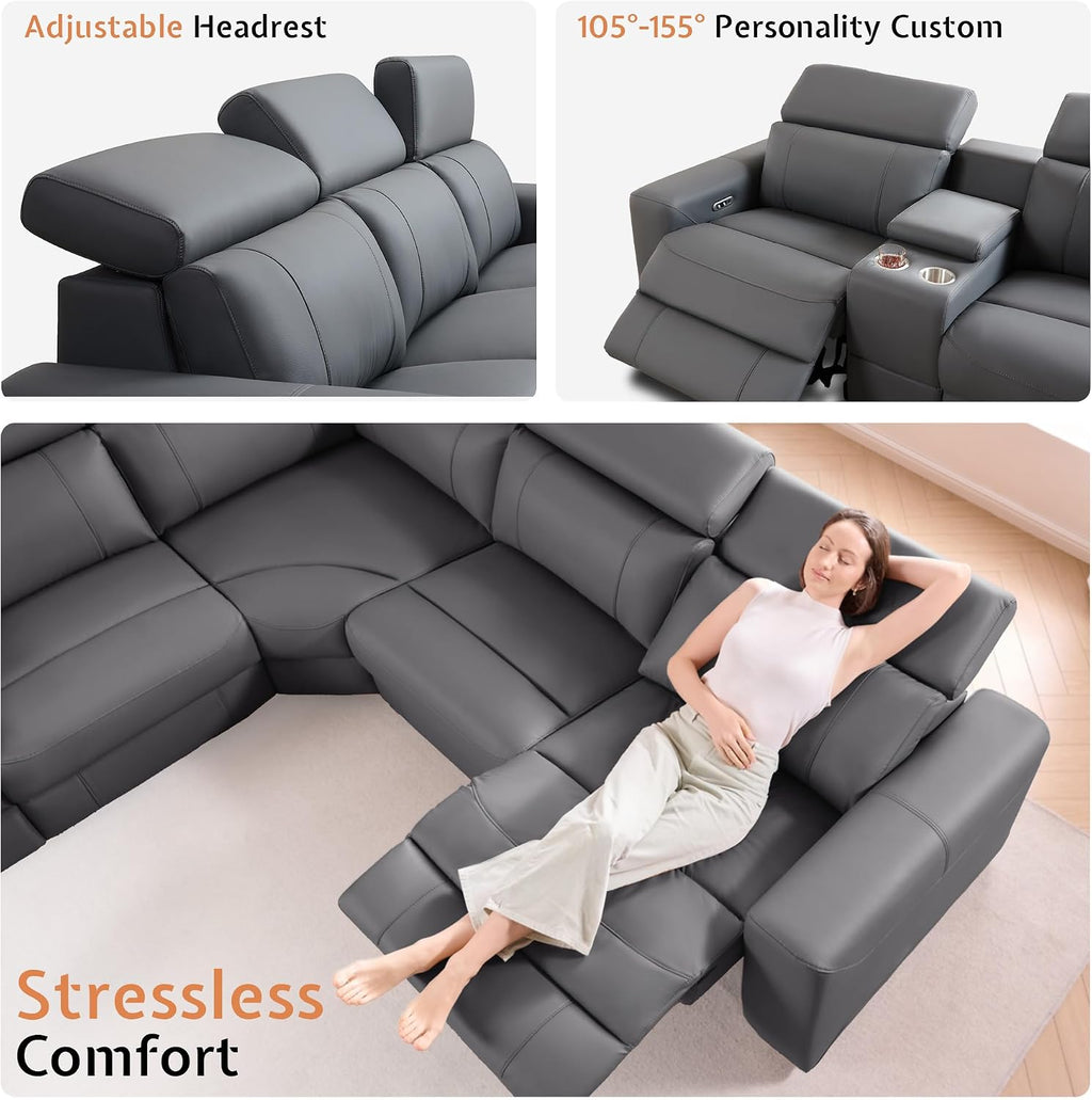 AMERLIFE Power Recliner Sectional Sofa with Storage/USB Port, Leather Recliner Sofa with Adjustable Headrest, Reclining Sectional Couches with Console and Cup Holder for Living Room (Gray, 5-Seater)