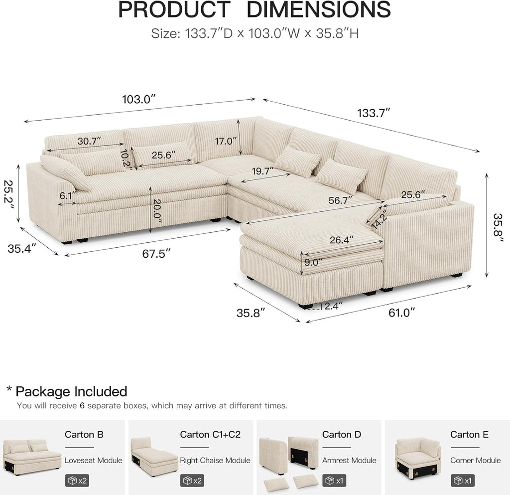 Belffin Large Modular Sectional Sofa with Deep Chaise, Corduroy U Shaped Couch with 9' Soft Dual-Layer 7 Seats Cushion for Living Room, Apartment, Beige