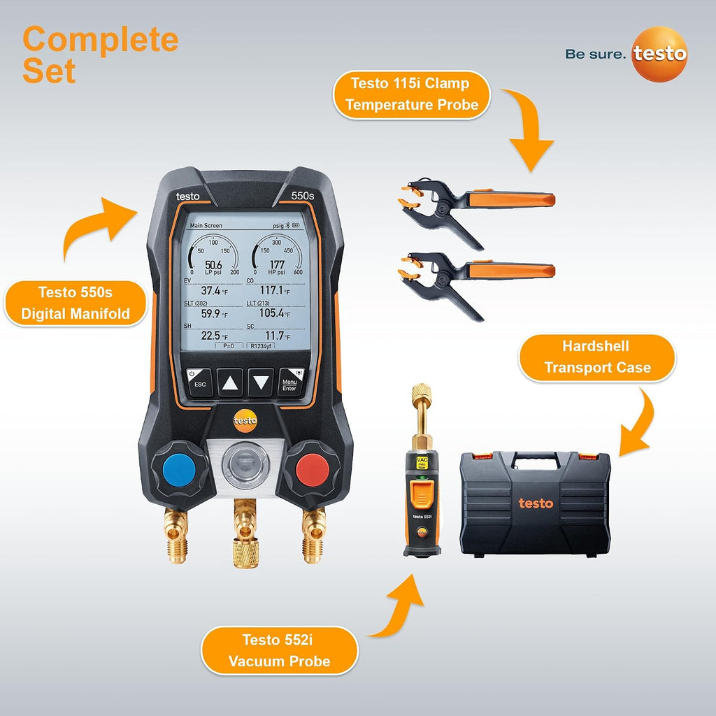 testo 550s AC Manifold Gauge Set – Manifold Gauges Hvac and Refrigeration – Incl. 2x testo 115i Pipe Clamp Thermometer, 1x testo 552i Micron Gauge Hvac - AC Recharge Kit with Bluetooth
