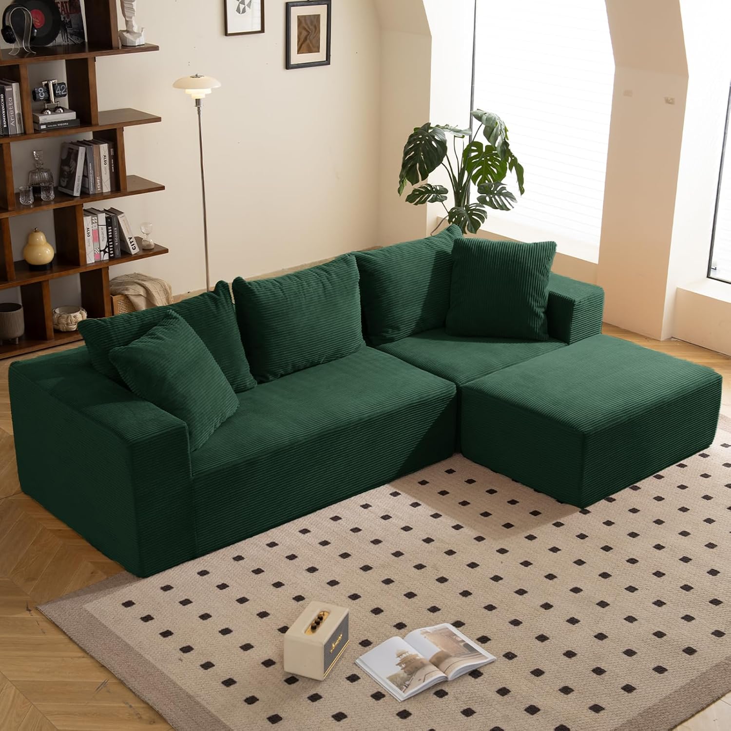 108' L-Shaped Boneless Couch, Modular Sectional Sofa with Moveable Ottoman, Corduroy Cloud Couches for Living Room, No Assembly, Ship in a Box, Green
