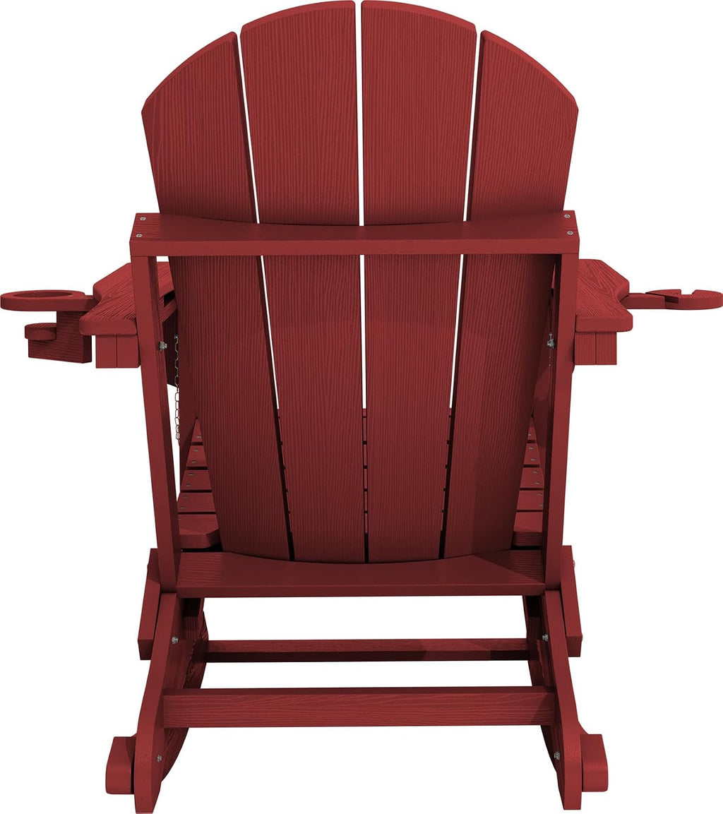 KINGYES Adirondack Rocking Chair with Retractable Ottoman and Cup Holders, HDPE Adirondack Rocker Patio Rocking Chair for Porch, Patio, Balcony, Burgundy Red