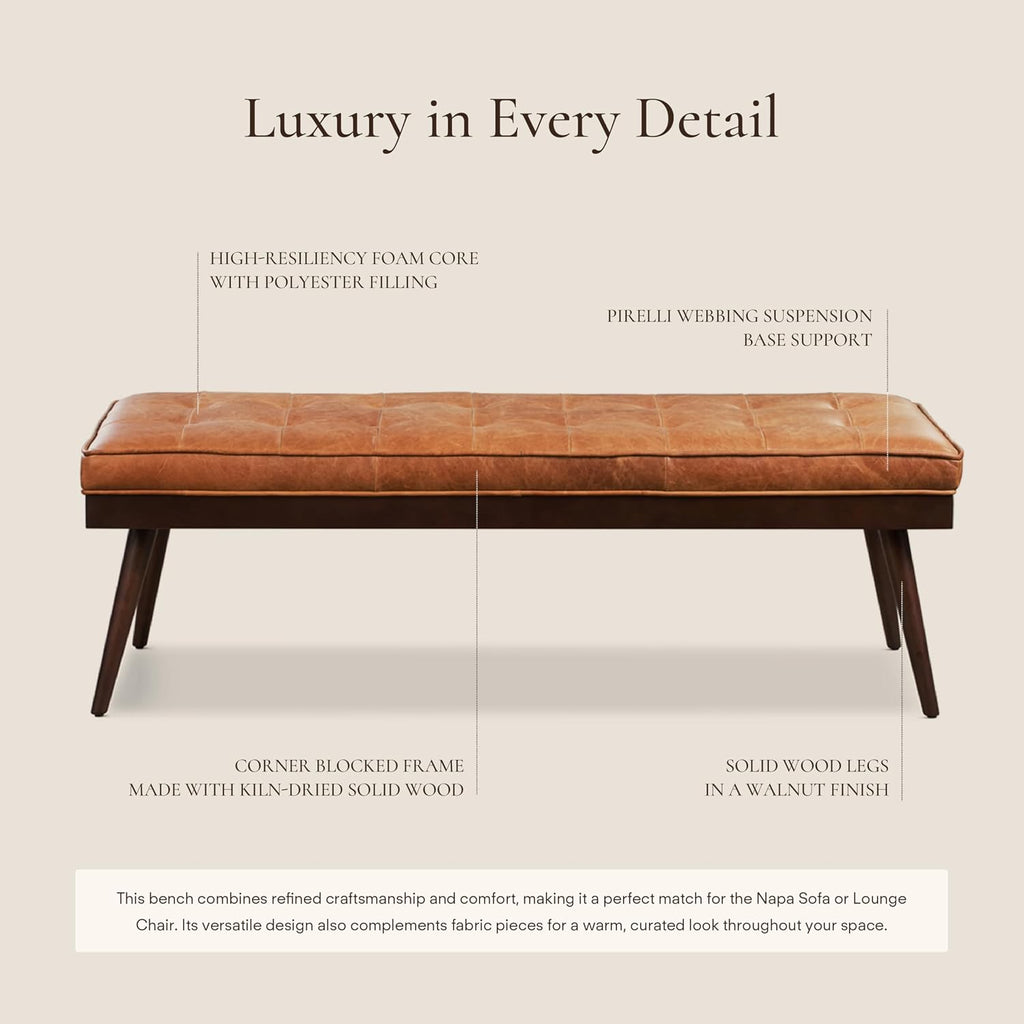 Poly & BARK 55' Tufted Leather Bed Bench for Bedroom End of Bed - Living Room Entry Way Bench - Pure Italian Leather Upholstery with a Solid Wood Frame - Ottoman Bench with Wooden Legs - Cognac Tan