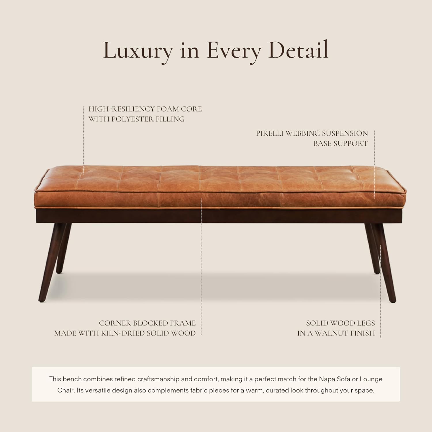 Poly & BARK 55' Tufted Leather Bed Bench for Bedroom End of Bed - Living Room Entry Way Bench - Pure Italian Leather Upholstery with a Solid Wood Frame - Ottoman Bench with Wooden Legs - Cognac Tan