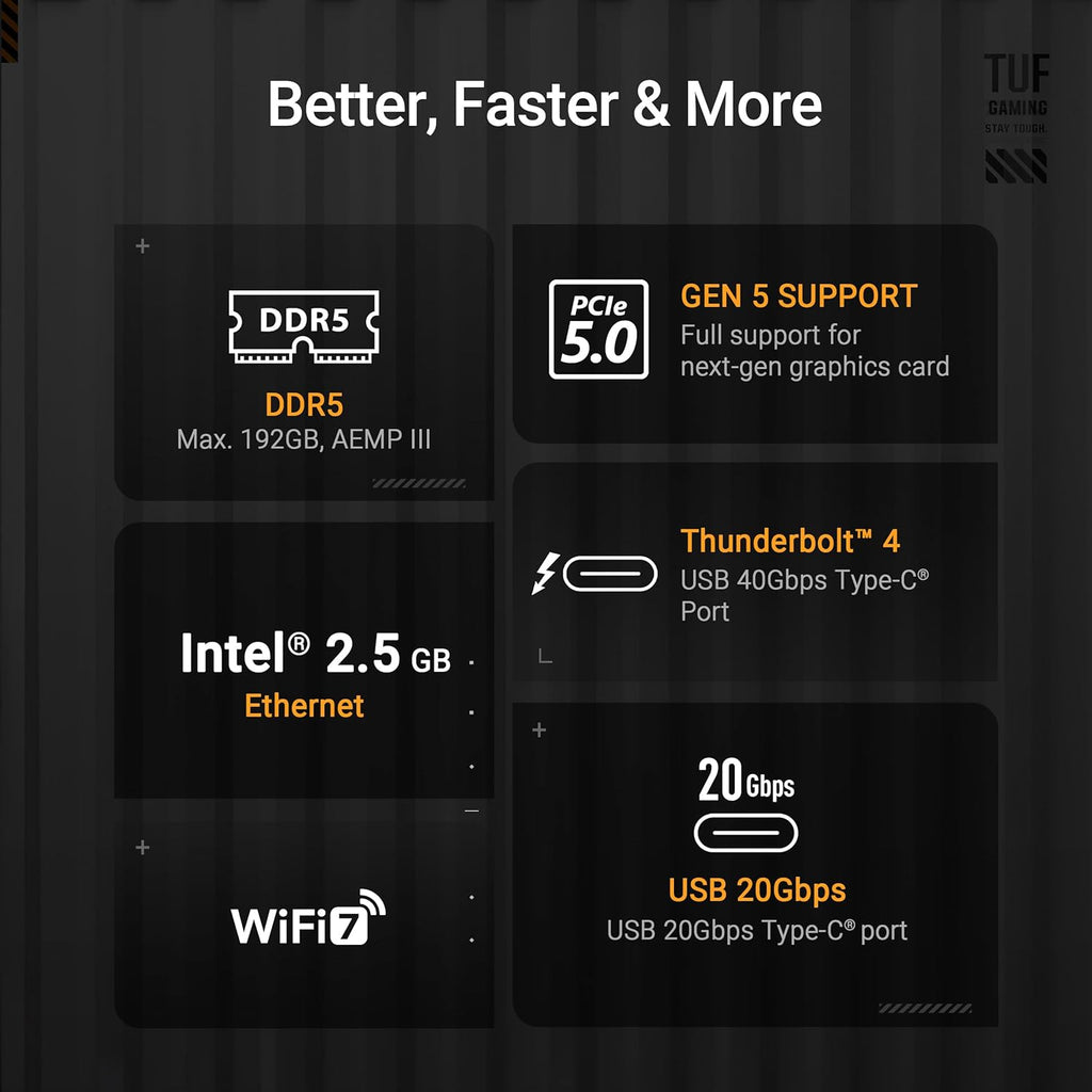 ASUS TUF Gaming Z890-PLUS WiFi Z890 LGA 1851 ATX Motherboard, Intel® Core™ Ultra Series 2 Ready, Advanced AI PC-Ready, 16+1+2+1 Stages, DDR5, PCIe® 5.0, Thunderbolt™ 4 Type-C®, 4X M.2, Wi-Fi 7, 2.5Gb
