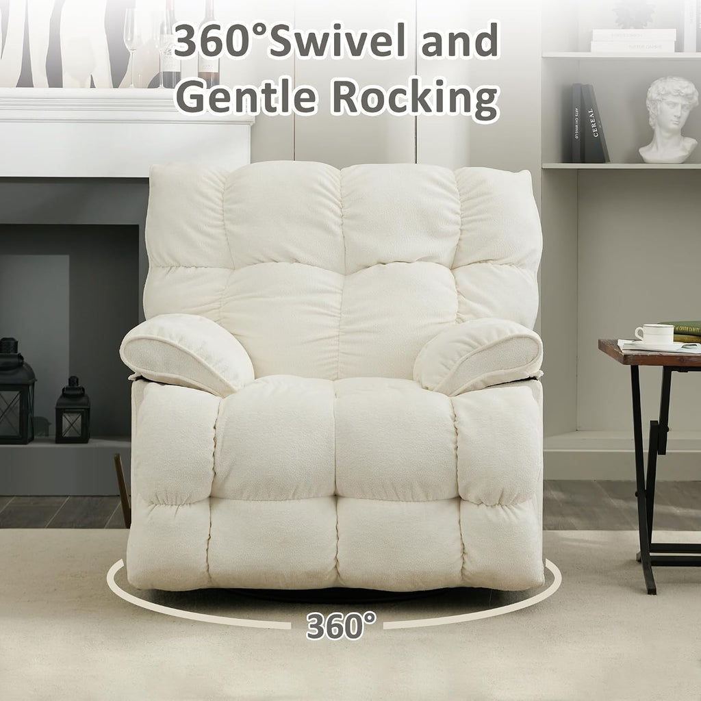 Oversized Recliner Chair, Overstuffed Swivel Rocker with Extra Wide Seat & Breathable Fabric for Living Room (Manual, White)
