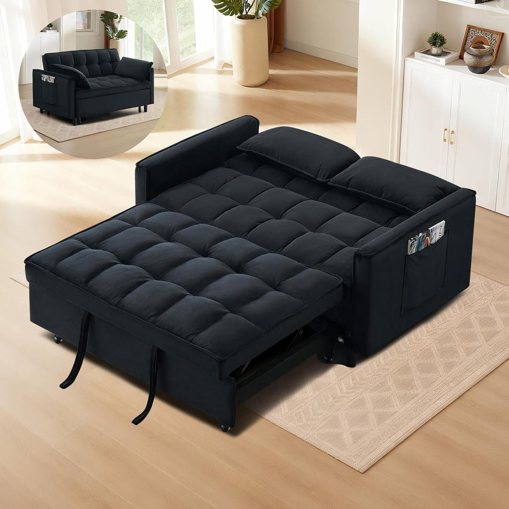 CAPCAEK 3 in 1 Convertible Sleeper Sofa Bed, Modern Velvet Loveseat Pull-Out Couch w/Pullout Bed, Small Love Seat Lounge Sofa w/Reclining Backrest,Toss Pillows, Pockets, for Living Room(Black, 55.1)