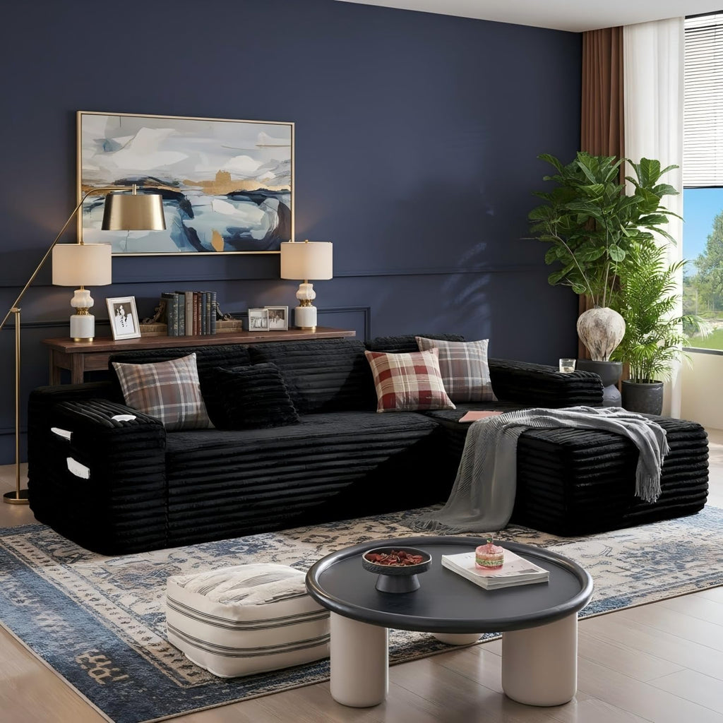 Cloud Sofa Sectional Couch with L-Shape Chaise, Modern Corduroy Boneless Modular Sofa with Cup Holder for Living Room and Apartment, Deep Seat Floor Couch No Assembly (Black, Right Facing Chaise)