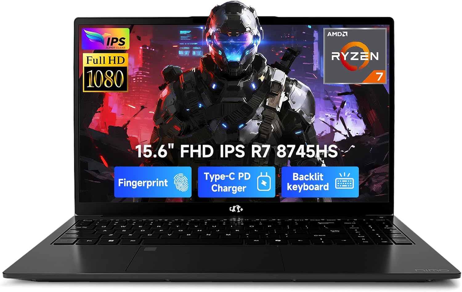 NIMO 15.6' IPS FHD-Gaming-Laptop, AMD Ryzen 7 8745HS 16GB DDR5 RAM 512GB SSD (8C/16T, up to 4.9GHz) Radeon 780M Graphics Business Computer with 100W Type-C Backlit Keyboard, Fingerprint USB-C 4.0