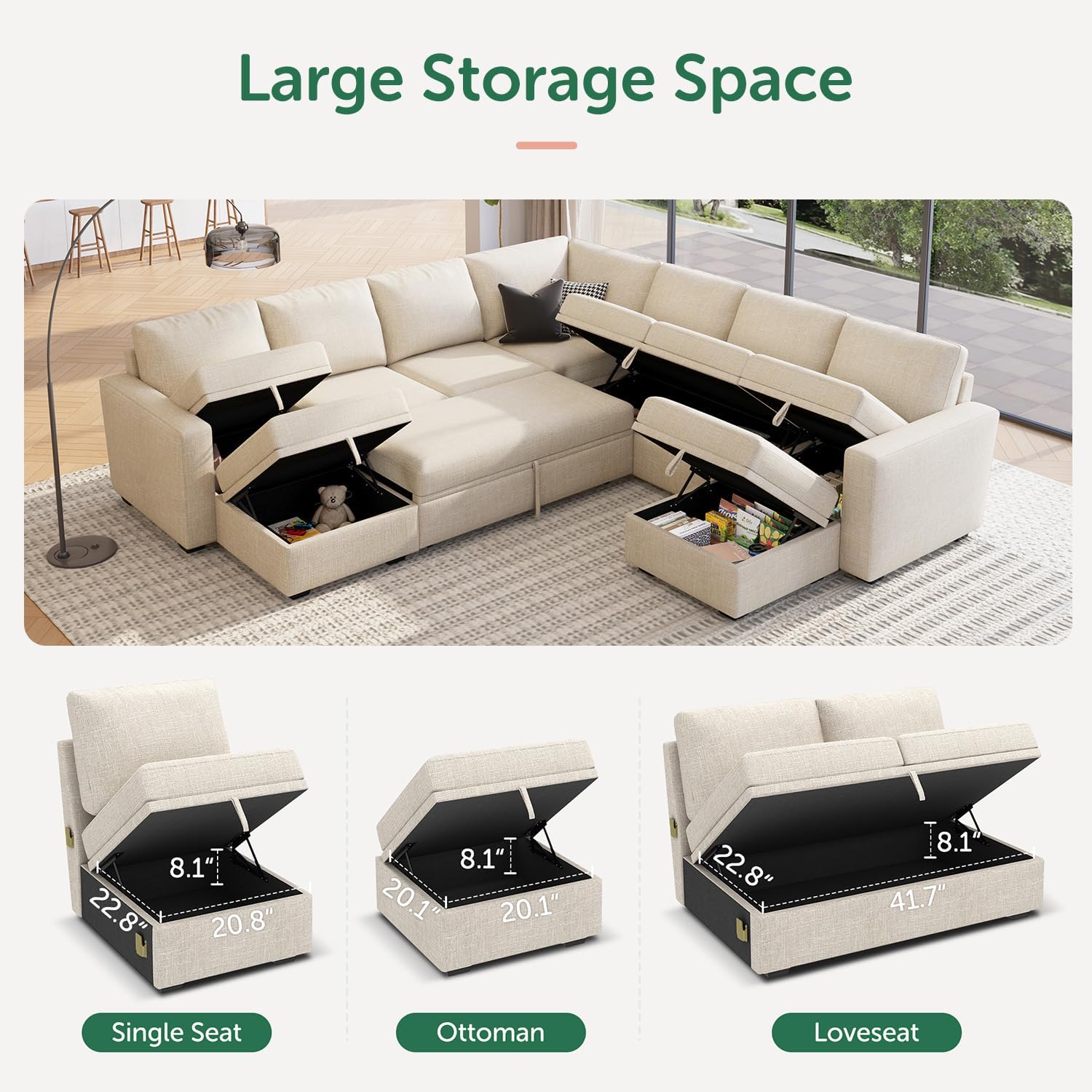 HONBAY Modular Sectional Sleeper Sofa with Pull Out Couch, Oversized U Shaped Sleeper Pull Out Bed with Storage Sectional Couches for Living Room - Beige