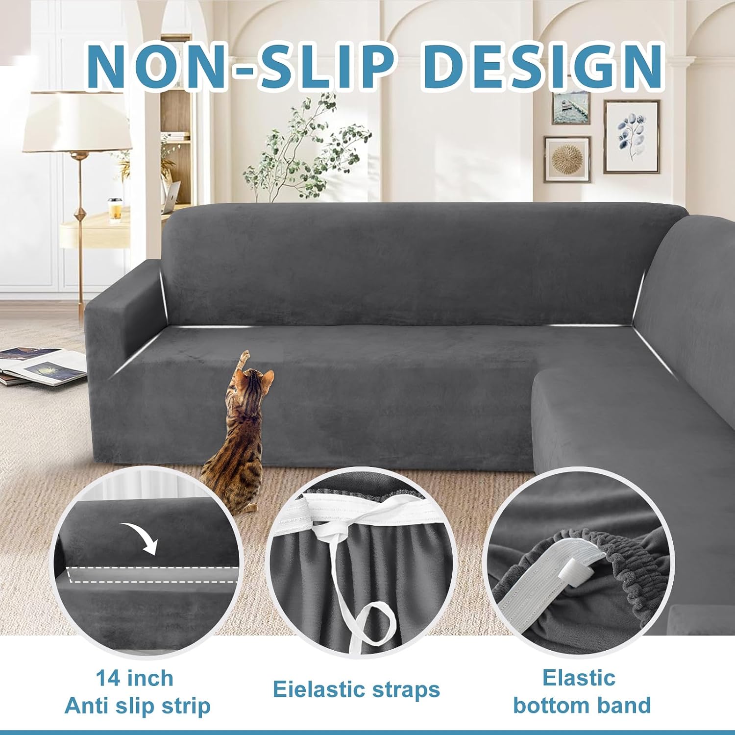 HDCAXKJ Corner Sectional Couch Covers Velvet Stretch L Shape Sofa Cover Soft Thick Sectional Slipcovers Set U Shaped Living Room Non Slip Magic Furniture Protector for Pet Dogs (Dark Gray, X-Large)