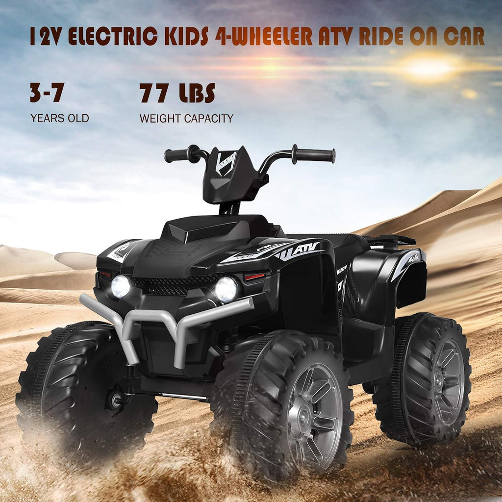 Costzon Kids ATV, 12V Battery Powered Electric Vehicle w/LED Lights, High & Low Speed, Horn, Music, USB, Treaded Tires, Ride on Car 4 Wheeler Quad for Boys & Girls Gift, Ride on ATV (Black)