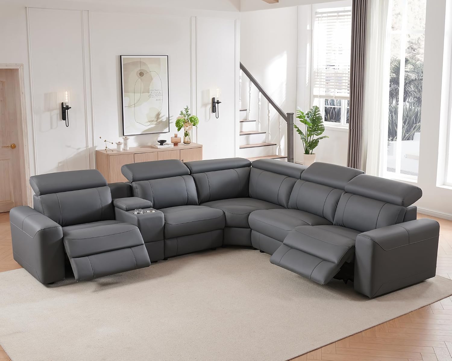 AMERLIFE Power Recliner Sectional Sofa with Storage/USB Port, Leather Recliner Sofa with Adjustable Headrest, Reclining Sectional Couches with Console and Cup Holder for Living Room (Gray, 5-Seater)