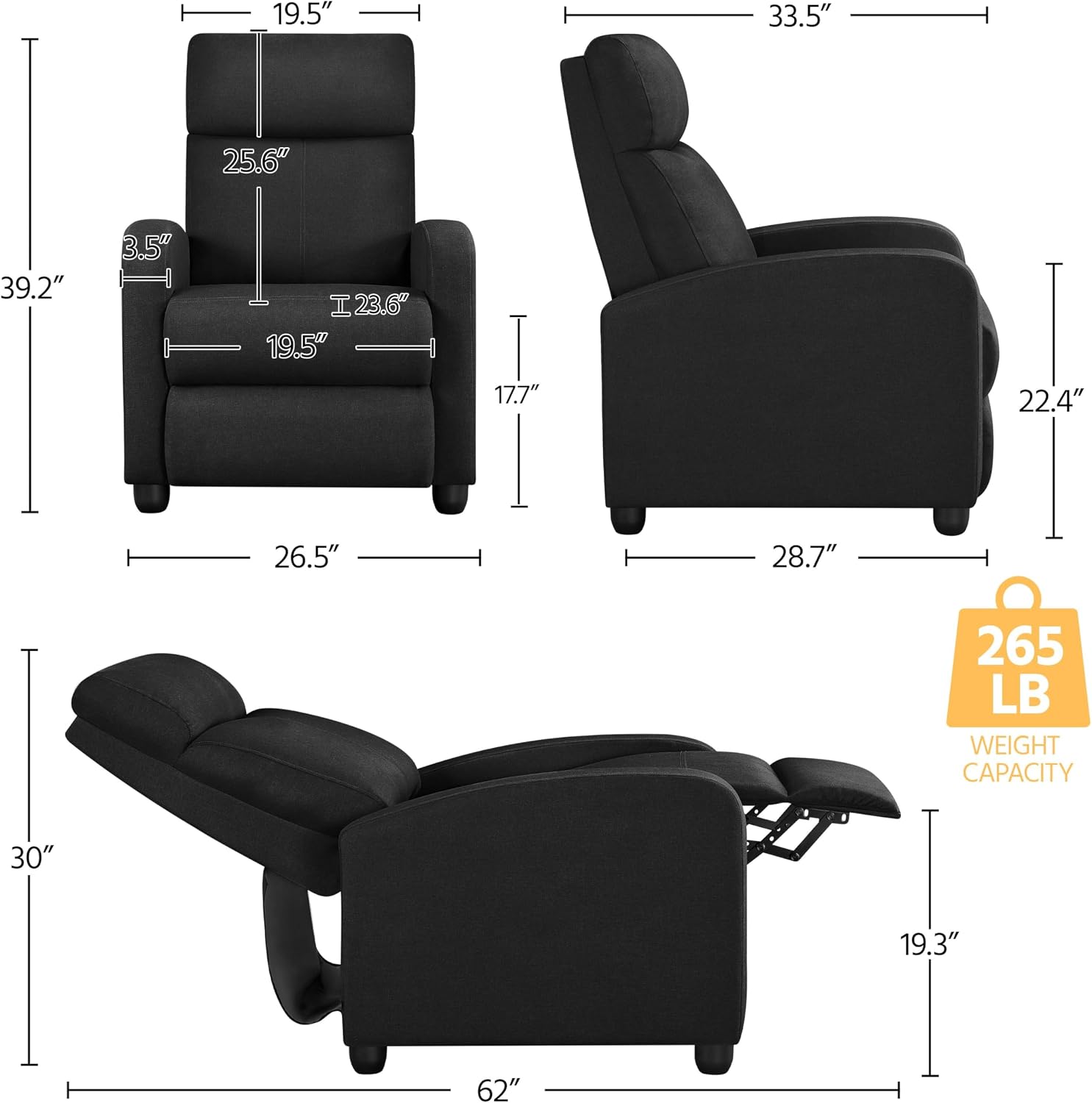 Yaheetech Recliner Chair Fabric Recliner Sofa Home Theater Seating with Lumbar Support Overstuffed High-Density Foam & Pocket Springs, Push Back Recliners Armchair for Living Room, Black