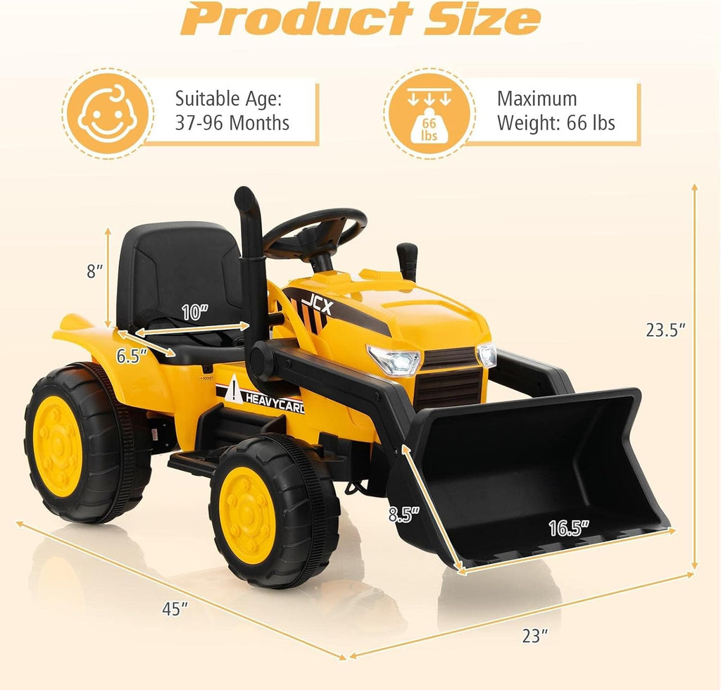 OLAKIDS Kids Ride on Car, 12V Electric Excavator Vehicle Construction Truck with Remote Control, Adjustable Bucket, Toddlers Battery Powered Bulldozer Tractor with 2 Speeds, Music, Citrine