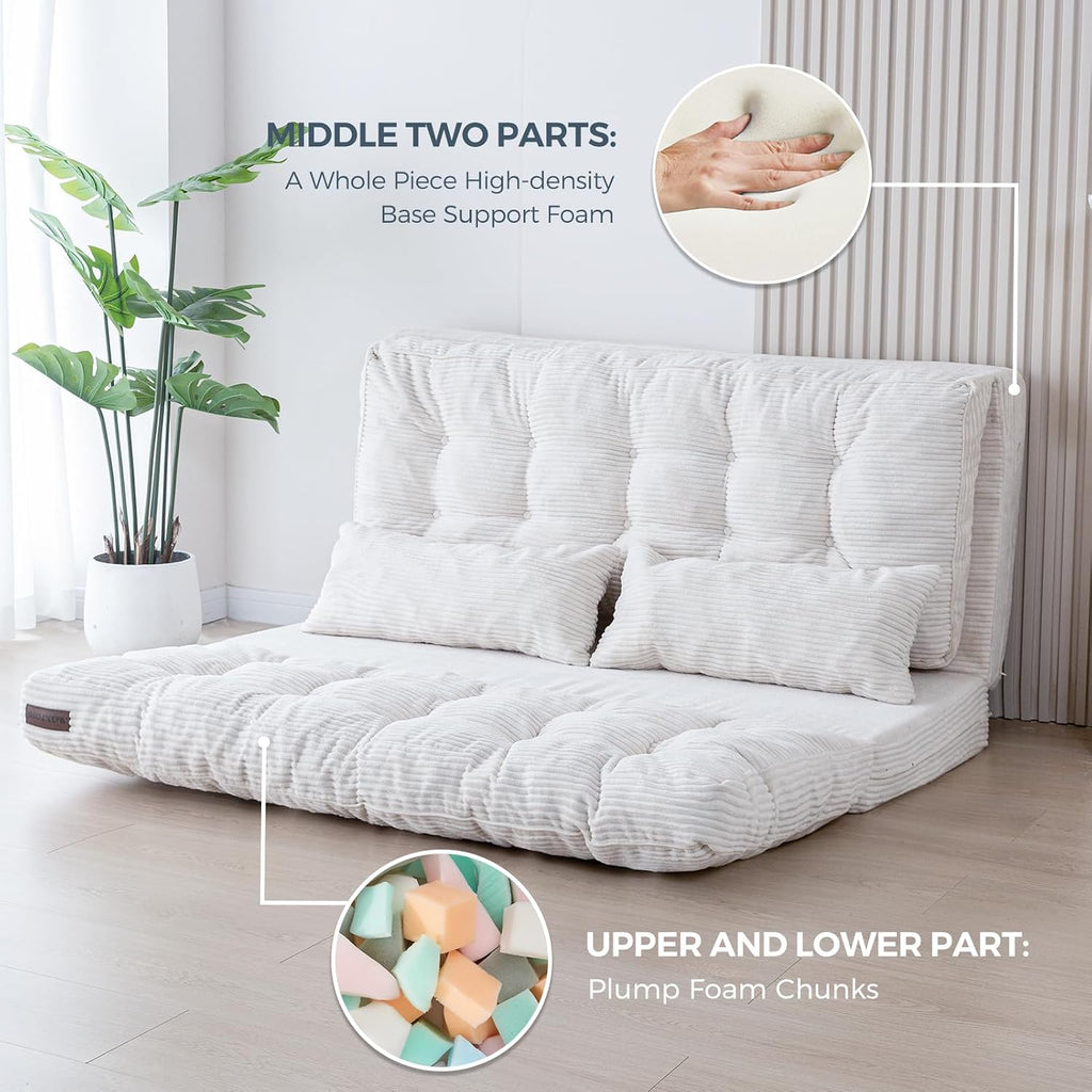 MAXYOYO Folding Sofa Bed, Tufted Bean Bag Bed with Pillows Floor Mattress for Adults, Extra Thick and Long Floor Sofa, Full Floor Couch Bed for Bedroom Living Room, Beige, 54x91 Inch