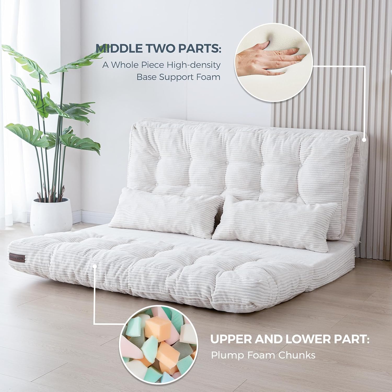 MAXYOYO Folding Sofa Bed, Tufted Bean Bag Bed with Pillows Floor Mattress for Adults, Extra Thick and Long Floor Sofa, Full Floor Couch Bed for Bedroom Living Room, Beige, 54x91 Inch