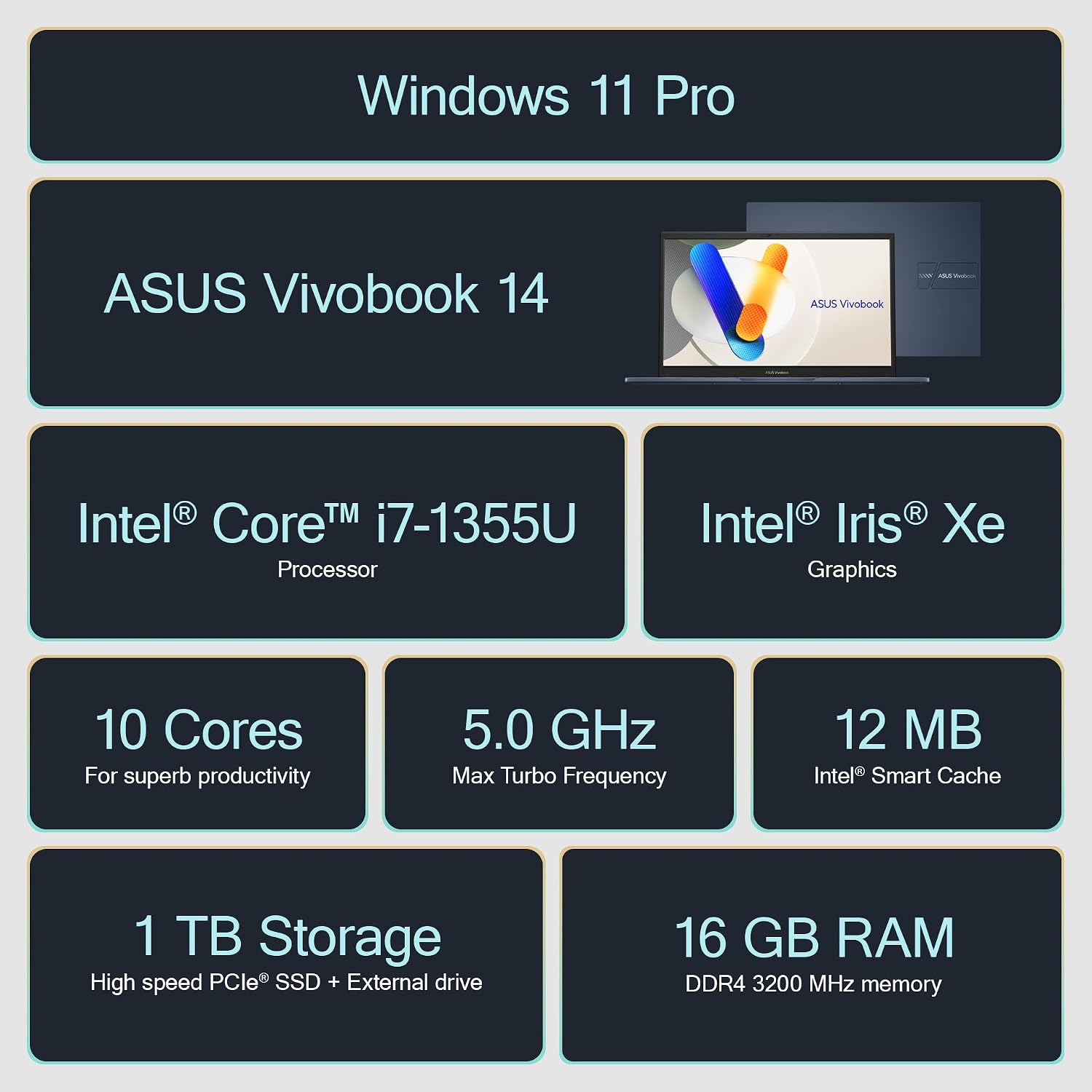 ASUS Vivobook Laptop Business 2025-2026, Lifetime Office, AI-Powered Computer, 14' FHD Display, 10-Core Intel i7-1355U, 16GB RAM, 1TB Storage (500GB SSD + 500GB Ext), MarxsolAccessory, Win 11 Pro