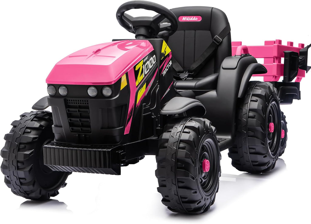 Hikiddo 24V Kids Ride on Tractor Toy, Electric Tractor for Kids 3-8 with Trailer, 2x200W Motors - Hot Pink