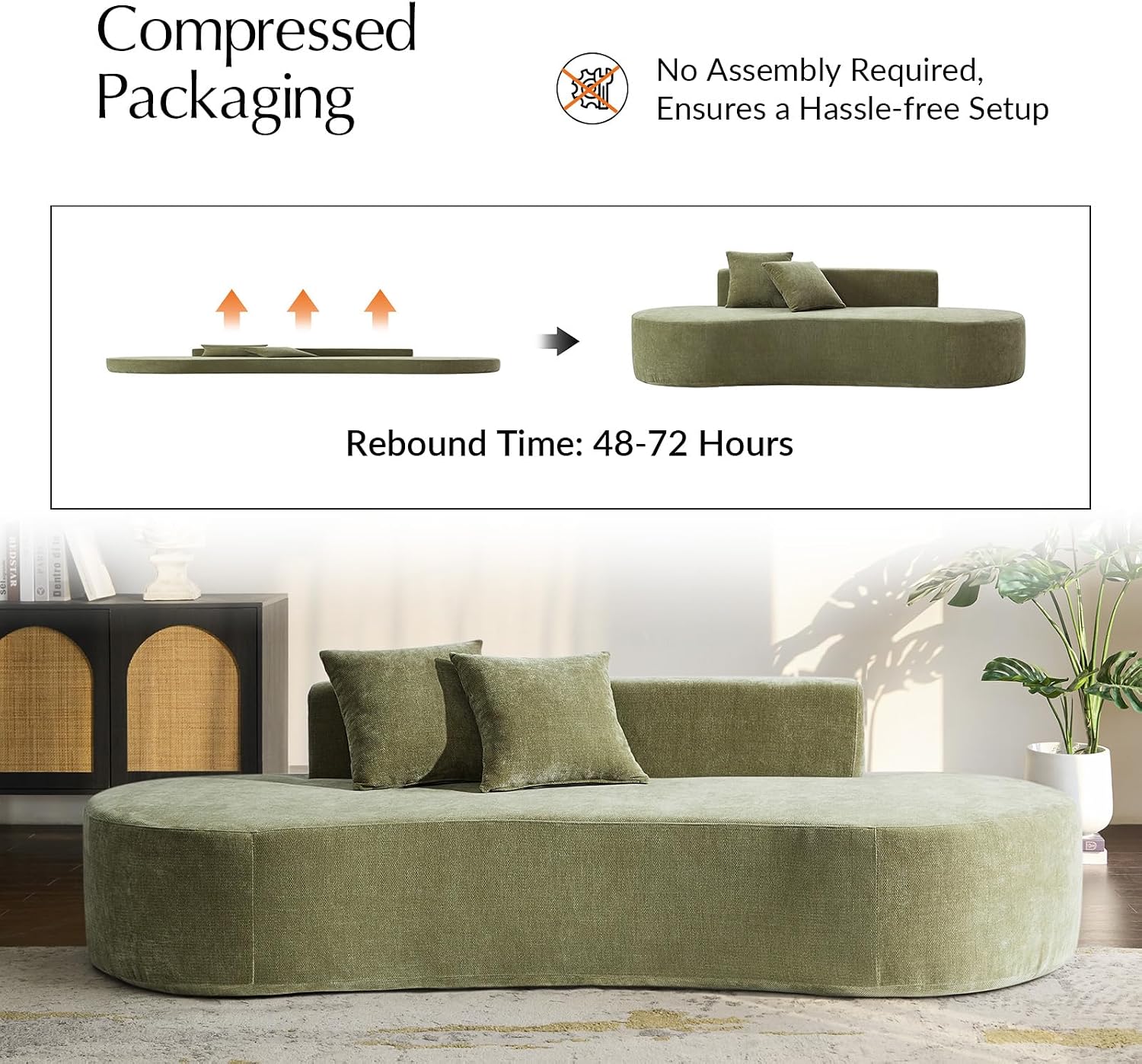 HULALA HOME 94.5' Curved Boneless Couch with Two Pillows, Oversized 3 Seater Compressed Foam Sofa with Deep Seat, Modern Cloud Couch for Living Room, No Assembly Required, Olive
