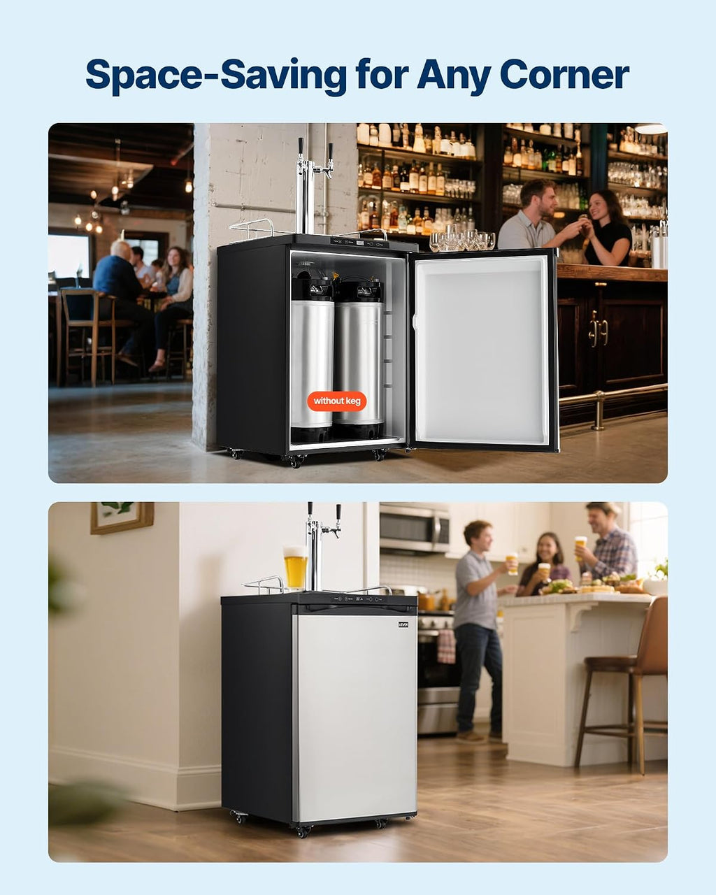 VEVOR Beer Kegerator, Dual Tap Home Draft Beer Dispenser for Ball Lock, Full Size Keg Refrigerator with 5lbs CO2 Tank, Hold 2 Sixth / 2 Slim / 3 Ball lock keg, 162L