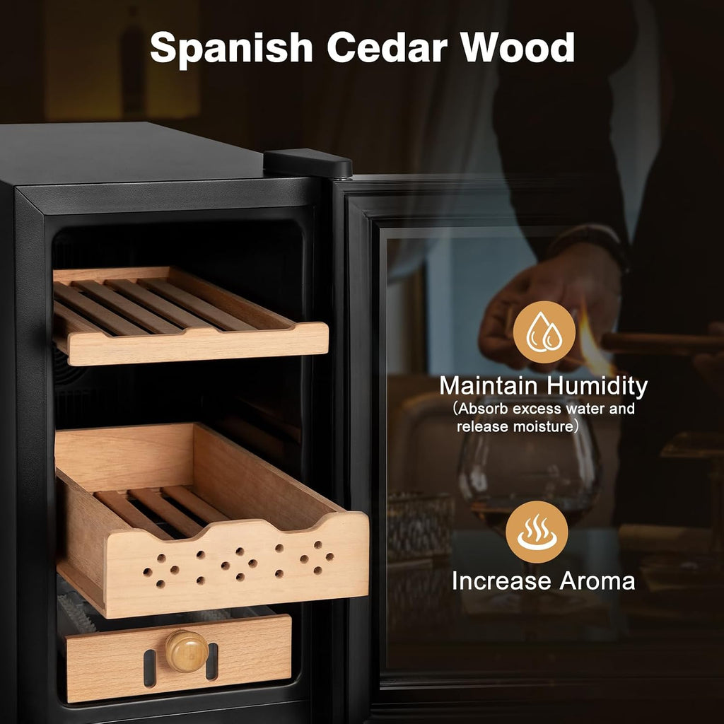 Electric Cooler Cabinet 25L with Temperature and Humidity Control, Spanish Cedar Wood Shelves and Safety Lock (180 Counts Capacity), Gift for Men