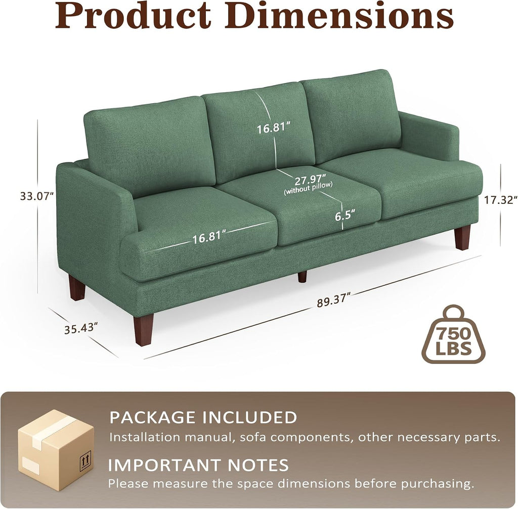 Gericco Mid Century Modern Couches for Living Room, 89' Comfy Green Couch Sofa with 3-Seater Deep Seats, Upholstered Sofas for Living Room, Office Apartment, Bedroom