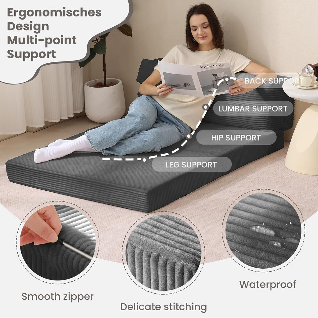 JUIKURY Folding Sofa Bed, Convertible Sleeper Chair with Pilow Foldable Matress, 2 in 1 Pull Out Loveseat Sofa Portable Fold Out Chair Bed Floor Couch Lounge for Living Room Bedroom (Grey, Queen)