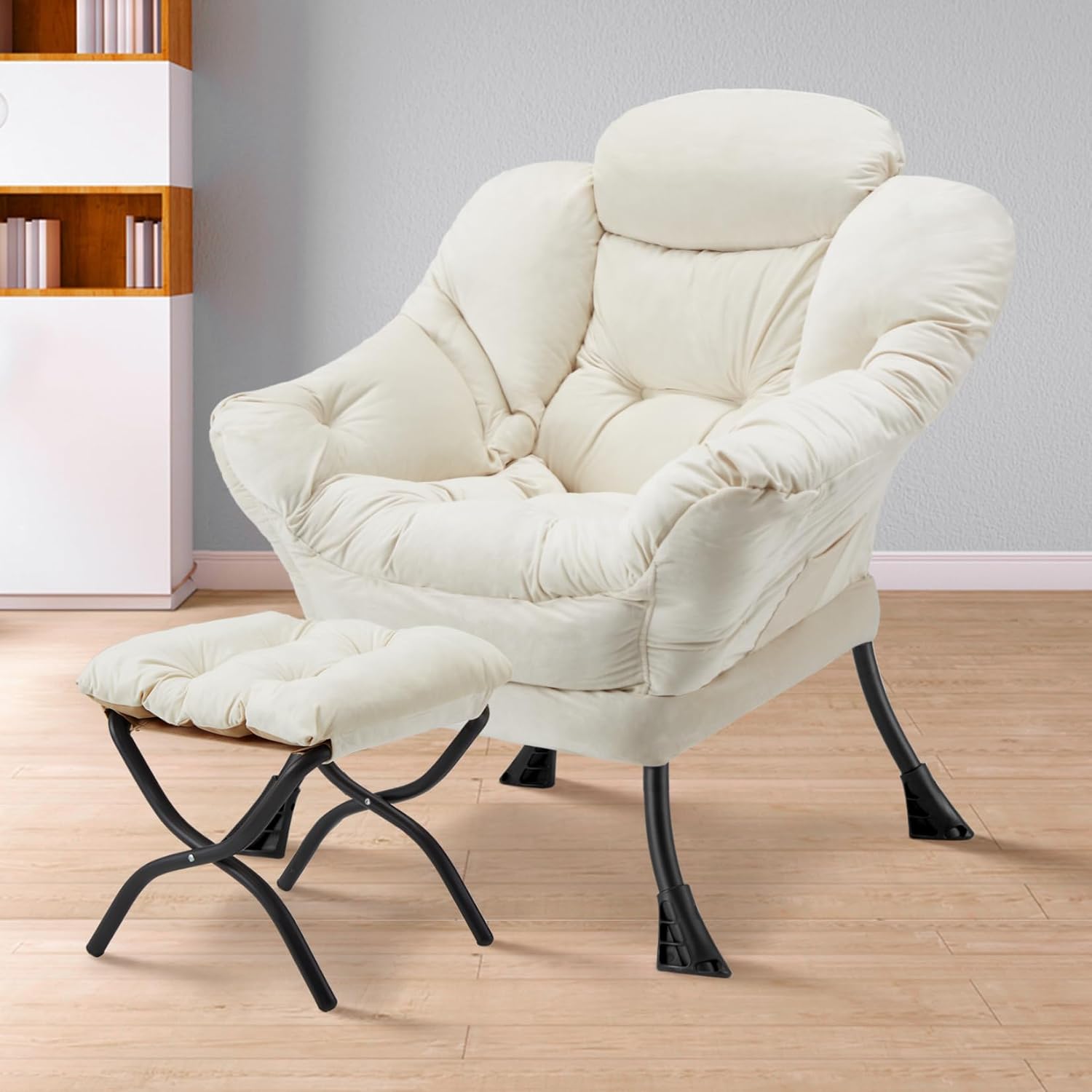 Lazy Chair with Folding Ottoman Modern Large Accent Chair,Contemporary Lounge Leisure Sofa Chair with Armrests Upholstered Sofa Armchair Reading Chair for Bedroom,Dorm & Office (Beige-f)