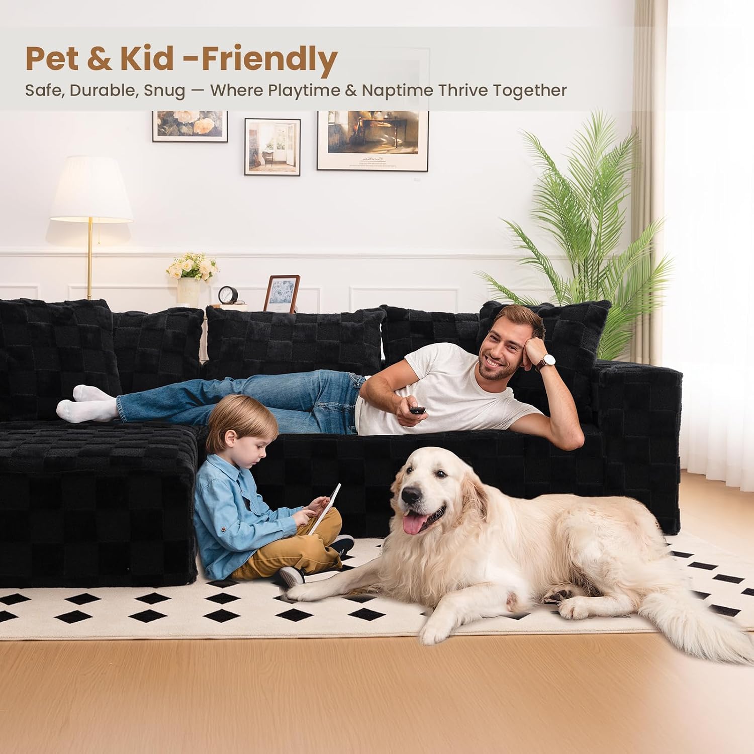 Modular Sectional Sofa, 108' L-Shaped Boneless Couch with Deep Seat, Corduroy Cloud Couch for Living Room, Bedroom, No Assembly Required, Ship in a Box, Checkered Black